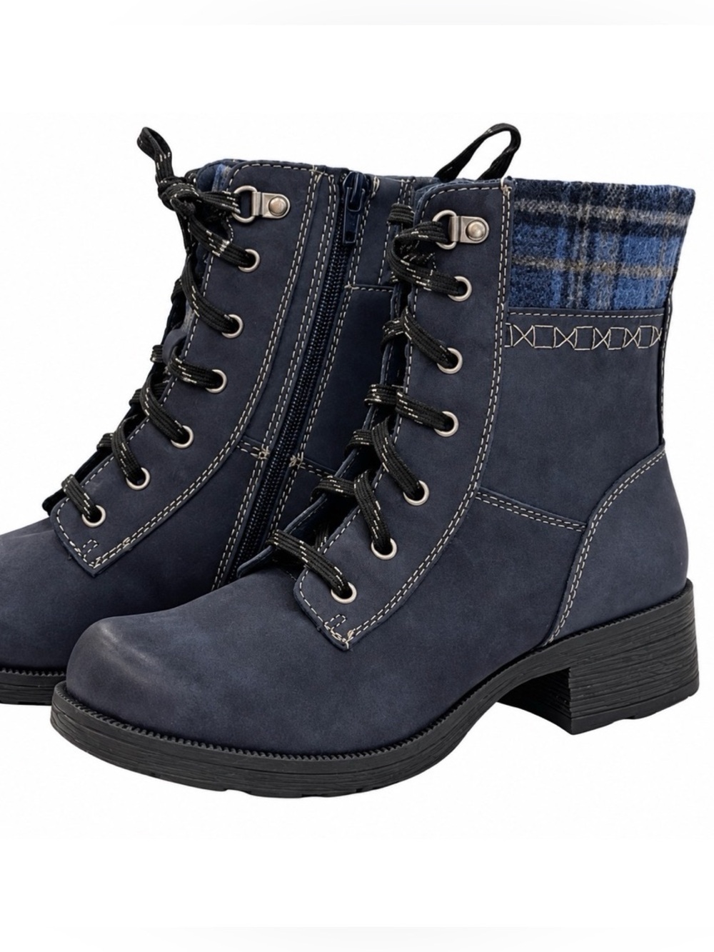 Navy Lace-Up Plaid Collar Ankle Boots